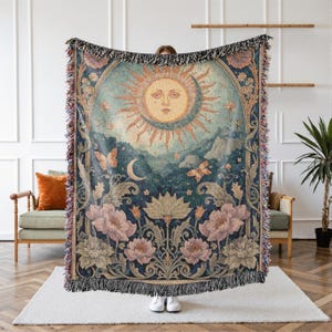 Whimsigoth Sun Tarot Woven Throw Blanket – Mystical Floral Tapestry, Vintage Astrology Decor, Cosmic Boho Blanket Gift, Celestial Dorm Decor