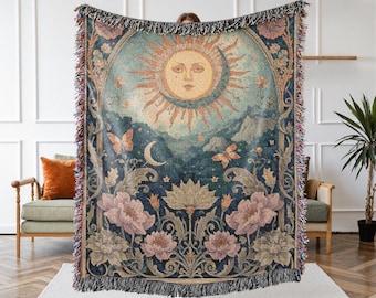 Whimsigoth Sun Tarot Woven Throw Blanket – Mystical Floral Tapestry, Vintage Astrology Decor, Cosmic Boho Blanket Gift, Celestial Dorm Decor