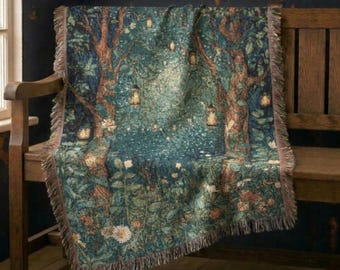 Enchanted Forest Woven Throw Blanket, 100% Cotton Magical Woodland Throw, Whimsical Nature Tapestry, Fairy Tale Decor