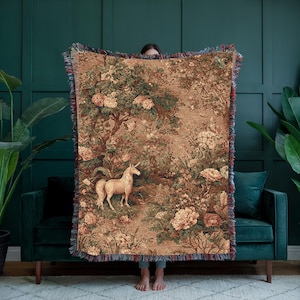Unicorn Woven Blanket, 100% Cotton Fairytale Medieval Tapestry Throw, Enchanted Garden Decor, Vintage Castlecore Blanket, Fairycore Gift