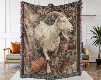 Woodland Goat 100% Cotton Woven Throw Blanket – Rustic Farm Animal Tapestry, Cottagecore Botanical Nature Decor
