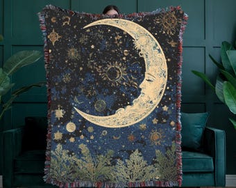 Grillig hemels geweven plaid, mystieke deken van 100% katoen, vintage astrologietapijt, Witchy decor cadeau, decor kosmisch gotisch slaapzaal decor