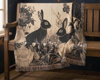 Manta tejida Whimsigoth Rabbit, 100% algodón, manta de conejo estilo cottagecore oscuro, tapiz gótico botánico, decoración floral oscura