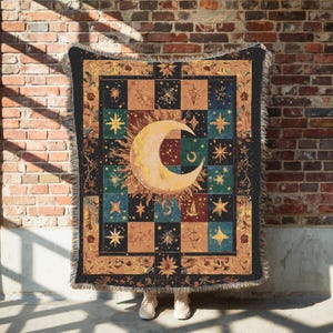 Boho Sun and Moon Woven Blanket, Celestial Patchwork Throw Blanket, Sun Moon Tapestry, Celestial Throw, Witchy Decor, Astrology Inspired
