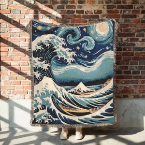 Japanese Ocean Tapestry Blanket, Starry Wave 100% Cotton Woven Throw, Celestial Wave Decor, Starry Night Ocean Throw, Nature Lover Gift