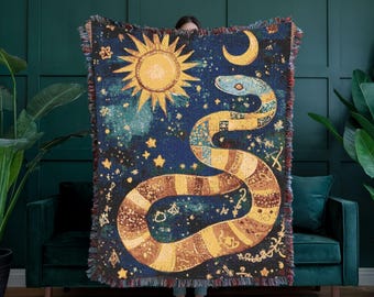 100% Baumwolle himmlische Schlange gewebter Überwurf, Boho Sun, Moon & Stars Decke, Witchy Decor Tapisserie