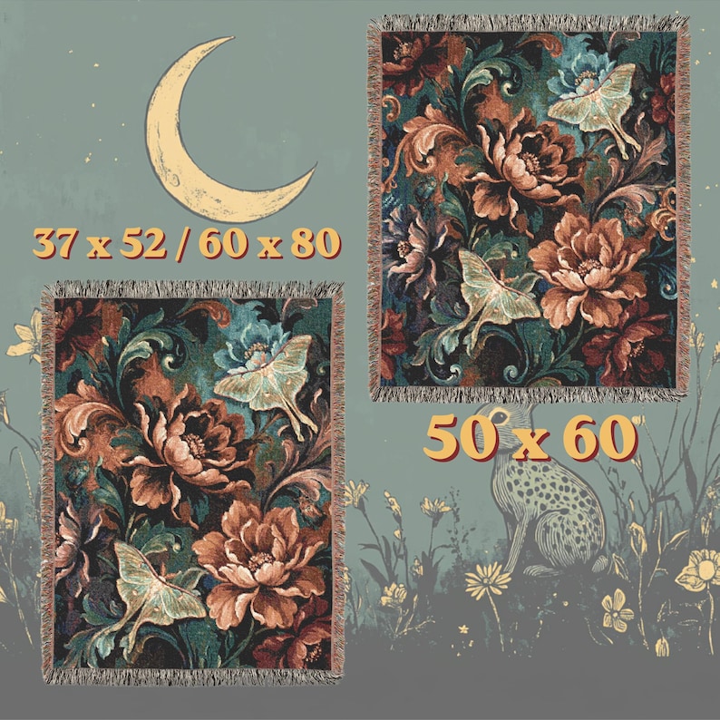 Manta tejida Luna Moth, manta floral gótica melancólica, decoración Dark Academia, tapiz tejido barroco imagen 5