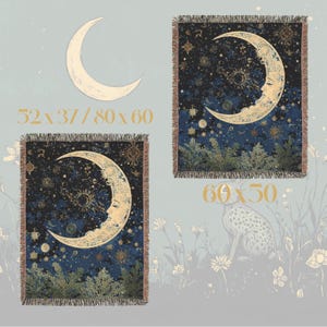 May include: Two rectangular woven throw blankets featuring a dark blue night sky with a large, detailed crescent moon face, stars, and foliage at the bottom. The text 52 x 37 / 80 x 60 and 60 x 50 is printed in gold, indicating available dimensions in inches.