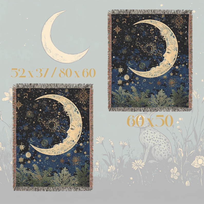 May include: Two rectangular woven throw blankets featuring a dark blue night sky with a large, detailed crescent moon face, stars, and foliage at the bottom. The text 52 x 37 / 80 x 60 and 60 x 50 is printed in gold, indicating available dimensions in inches.