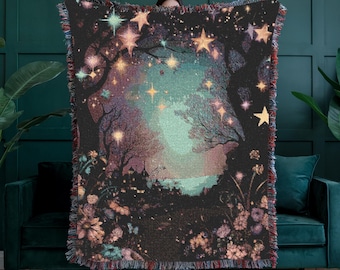 Coperta intrecciata "Foresta Incantata", 100% cotone, magica coperta boschiva, arazzo naturalistico fiabesco, decorazione da fiaba.