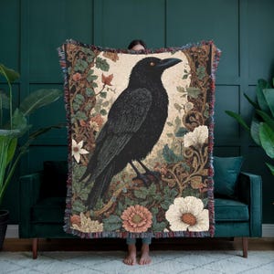 Whimsigoth Raven Woven Blanket, Celestial Moon Tapestry, Floral Crow Throw, Whimsical Goth Decor, Crow Lover Gift, Corvid Lover Gift Blanket
