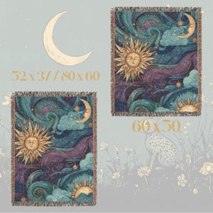 May include: Woven throw blankets with celestial designs. One blanket is 52 x 37 inches, another is 80 x 60 inches, and the third is 60 x 50 inches. Each features a sun, moon, clouds, and stars in shades of blue, purple, and gold, with fringed edges.
