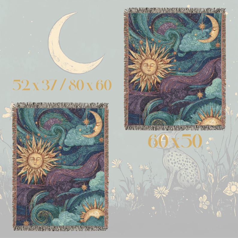 May include: Woven throw blankets with celestial designs. One blanket is 52 x 37 inches, another is 80 x 60 inches, and the third is 60 x 50 inches. Each features a sun, moon, clouds, and stars in shades of blue, purple, and gold, with fringed edges.