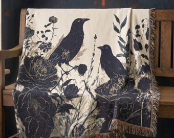 Two Tone Raven Woven Throw, 100% Cotton Floral Raven Blanket, Gothic Cottagecore Tapestry, Whimsigoth Dark Botanical Decor