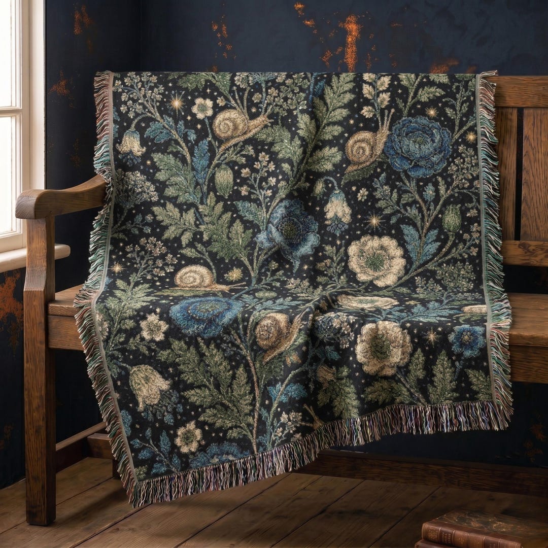 Cottagecore Floral Snail Woven Throw, 100% Cotton Moody Botanical ...