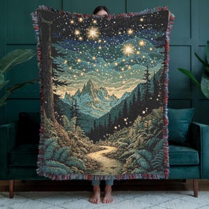 Enchanted Mountain Forest Woven Throw, 100% Cotton Celestial Starry Sky Blanket, Cozy Woodland Tapestry for Nature Lovers