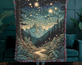 Enchanted Mountain Forest Woven Throw, 100% Cotton Celestial Starry Sky Blanket, Cozy Woodland Tapestry for Nature Lovers
