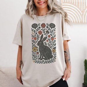 Whimsigoth Rabbit Shirt, Linocut Hare TShirt, Fairy Grunge Cottage Core Gift For Rabbit Lover, Fairycore Bunny Shirt, Goblincore Gift Shirt
