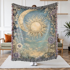 Whimsigoth Sun and Moon Woven Throw Blanket – Mystical Floral Tapestry, Vintage Astrology Decor, Cosmic Boho Blanket, Celestial Dorm Decor