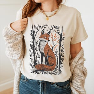 Cottagecore Fox Shirt, Folklore Forest Fox Lino Print Shirt, Vintage Forestcore TShirt, Folk Art Linocut Fox T-Shirt, Cottagecore Aesthetic