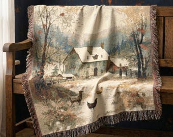 Farmhouse Winter 100% Cotton Woven Throw Blanket – Rustic Country Tapestry, Cozy Farm Decor, Cottagecore Countryside Gift