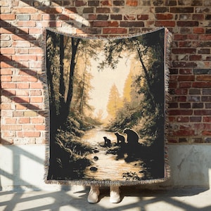 Rustic Cabin 100% Cotton Woven Throw, Bear Family Blanket, Cozy Woodland Tapestry, Forestcore Home Decor, Nature Lover Gift Blanket