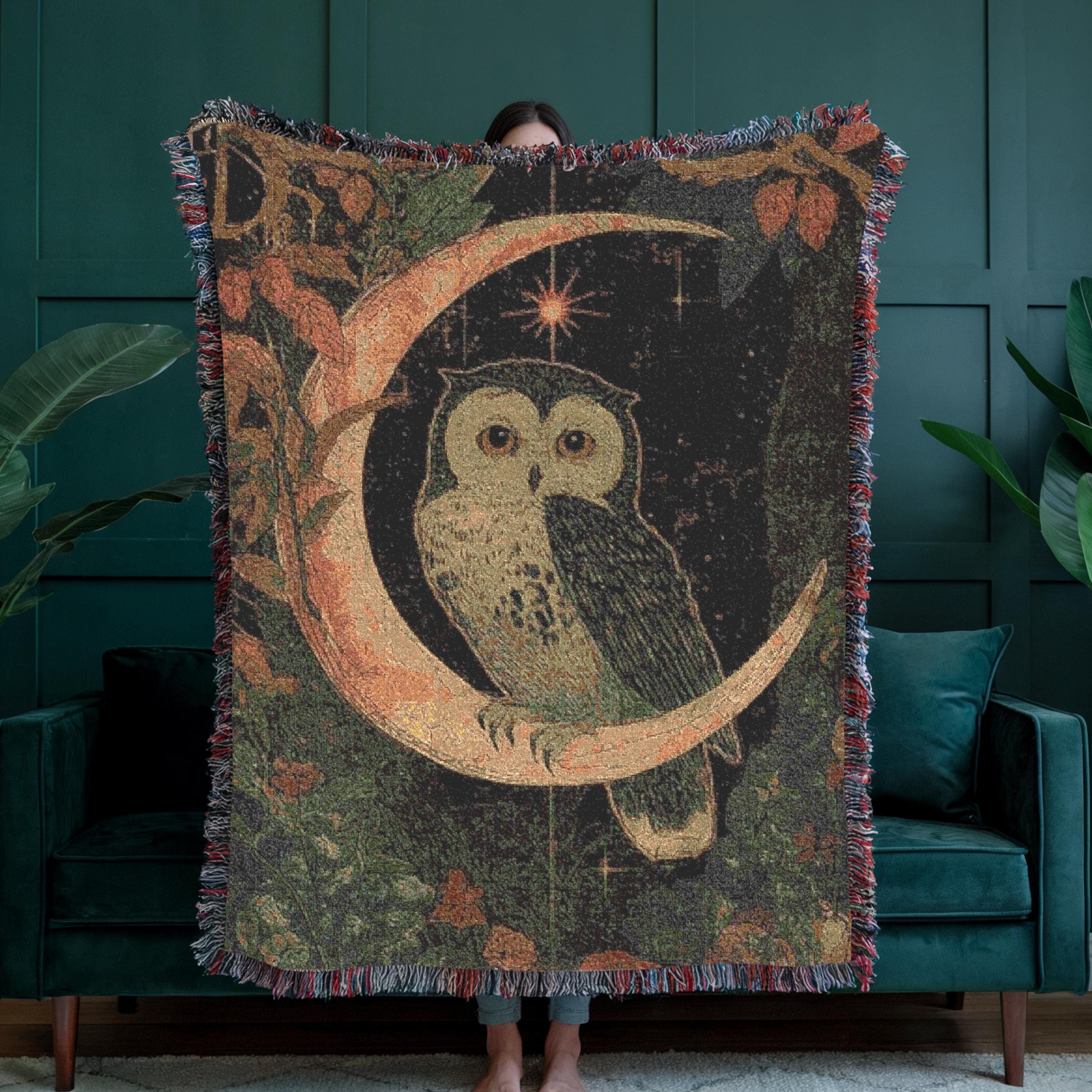 Celestial Owl Woven Throw Blanket, 100% Cotton Whimsigoth Blanket, Enchanted Forest Tapestry, Witchy