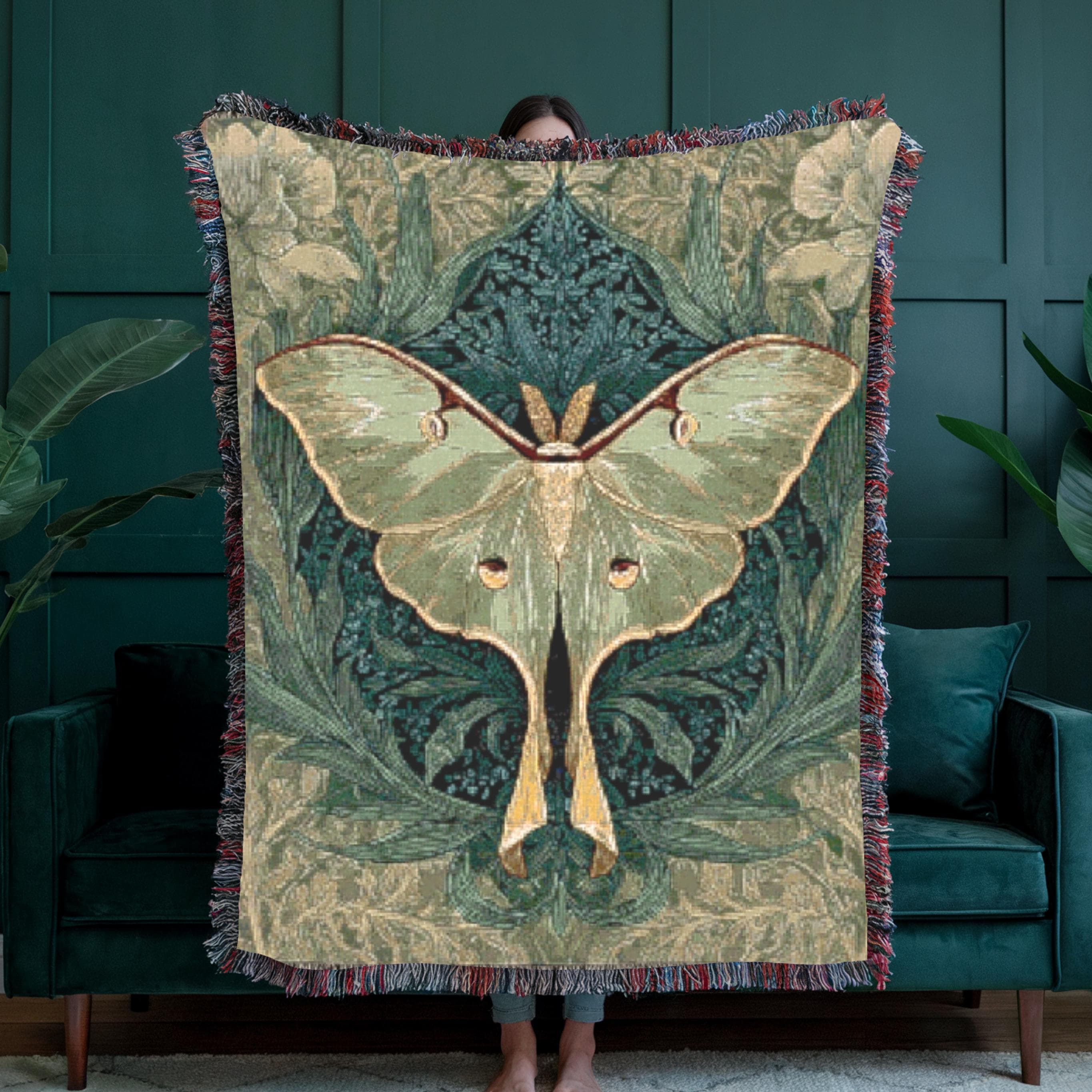 William Morris Sage Green Luna Moth Woven Throw – Art Nouveau Tapestry ...