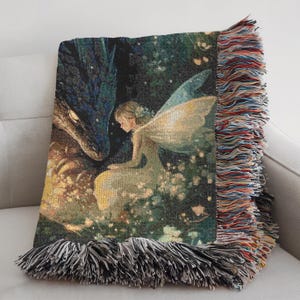 Enchanted Dragon 100% Cotton Woven Blanket, Fantasy Throw for Gothic Home Decor, Mythical Creature Medieval Tapestry image 10