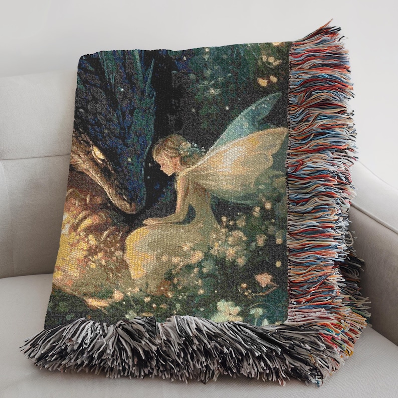 Enchanted Dragon 100% Cotton Woven Blanket, Fantasy Throw for Gothic Home Decor, Mythical Creature Medieval Tapestry image 10