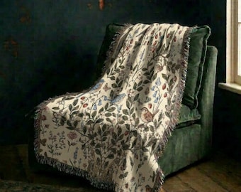 Manta tejida con estampado floral de pájaros azules estilo cottagecore, manta botánica de algodón para primavera, tapiz acogedor con diseño de pájaros cantores, regalo para amantes de la naturaleza.