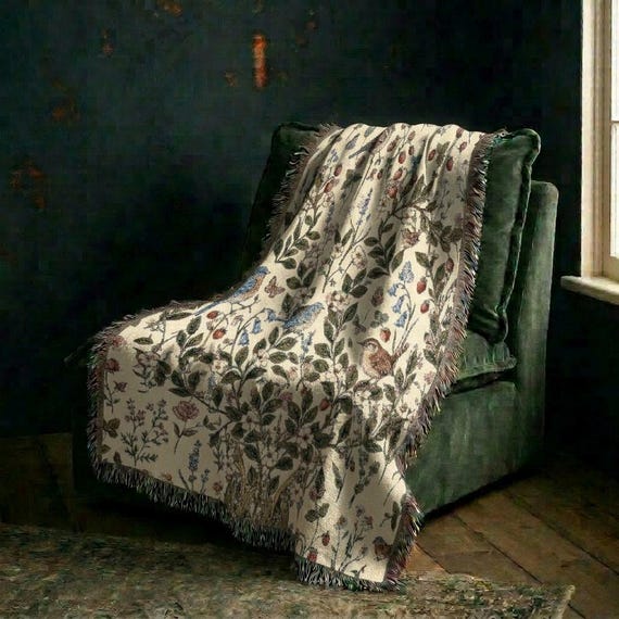 Cottage Core Floral Blue Bird Woven Throw, Cotton Spring Botanical Blanket, Cozy Songbird Tapestry, Nature Lover Gift