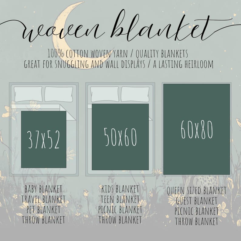 May include: An image showcasing woven blankets in three sizes: 37x52 inches, 50x60 inches, and 60x80 inches. The text reads "woven blanket" and highlights the cotton yarn and quality. The blankets are suitable for snuggling and wall displays.