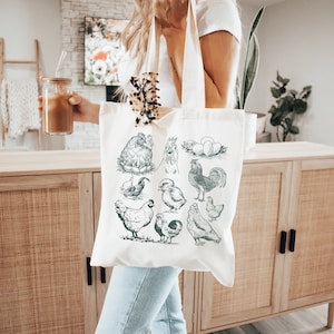 Sac fourre-tout vintage en toile de poulet, fourre-tout Cottagecore, esthétique pour fille granola, cadeau pour amateur de poulet, fourre-tout en toile Homestead, fourre-tout de ferme