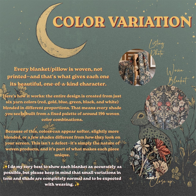 May include: An informational graphic titled COLOR VARIATION featuring a crescent moon, text explaining the woven process using six yarn colors, and two circular images showing a woven blanket and a close-up of a floral and rabbit pattern.