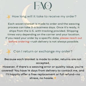 May include: A FAQ page with text about woven blankets. The page includes questions about order processing time and returns. The design features a crescent moon, stars, and a rabbit illustration.