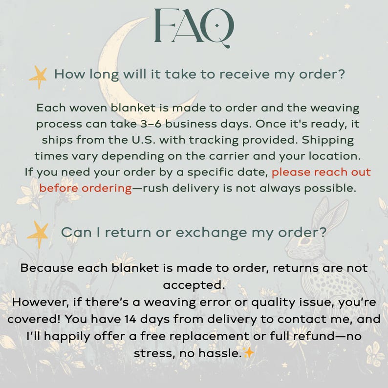 May include: A FAQ page with text about woven blankets. The page includes questions about order processing time and returns. The design features a crescent moon, stars, and a rabbit illustration.