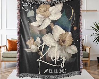 Personalized December Birthday Woven Throw, Custom Name Sagittarius Capricorn Constellation Tapestry, Astrology Zodiac, Celestial Dorm Decor
