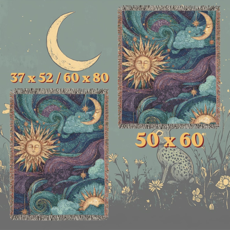 Whimsigoth Sun and Moon Woven Throw, 100% Cotton Purple Celestial Blanket, Cozy Witchy Tapestry, Mystical Dorm Room Decor image 3