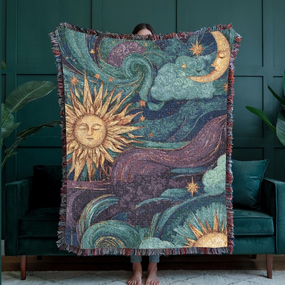 Whimsigoth Sun and Moon Woven Throw, 100% Cotton Purple Celestial Blanket, Cozy Witchy Tapestry, Mystical Dorm Room Decor