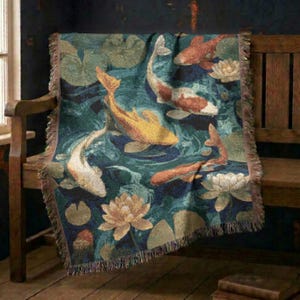 Wabi Sabi Floral Koi Fish Pond Woven Throw Blanket , Zen Japanese Style Tapestry, Japandi Gift, Whimsical Floral Cozy Decor