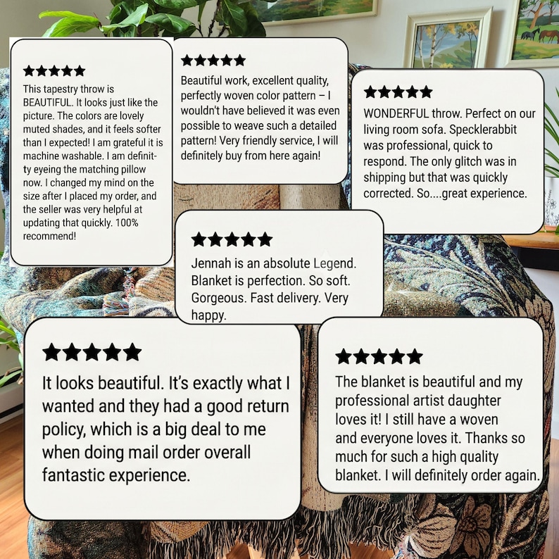 May include: A woven tapestry throw blanket featuring a detailed floral and botanical pattern in muted shades of blue, green, and cream, with fringed edges. The blanket is partially obscured by five white rectangular boxes containing customer reviews.