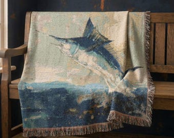 Minimalist Marlin Fishing Woven Throw, Cotton Beach House Blanket, Fisherman Aesthetic Tapestry, Outdoorsman Gift