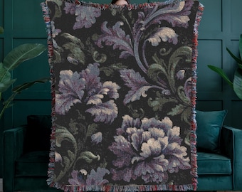 Dark Floral Botanical Woven Throw, 100% Cotton Dark Academia Gothic Blanket, Whimsigoth Tapestry, Cozy Witchy Gift