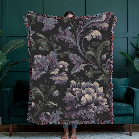Dark Floral Botanical Woven Throw, 100% Cotton Dark Academia Gothic Blanket, Whimsigoth Tapestry, Cozy Witchy Gift