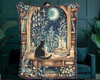 Hemelse zwarte kat geweven plaid, 100% katoenen leeshoekje bij kaarslicht leeshoekje, mystiek cadeau huisdecor, wandtapijt heksenkat