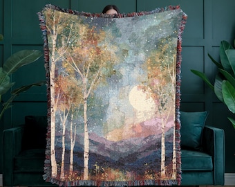 ミニマリストな天空の森の織りスロー、100%コットンのWabi Sabi Woodlandブランケット、素朴な自然のタペストリー、静かな家への心地よい贈り物