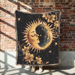Sun and Moon Woven Blanket, Whimsigoth Decor, Witchy Blanket, Sun Moon Tapestry, Celestial Throw, Boho Woven Blanket, Astrology-Inspired