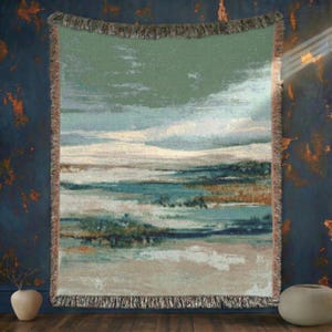 Jeté de plage minimaliste beige vert sauge 100 % coton tissé, couverture Wabi Sabi, cadeau côtier neutre, tapisserie nautique, décoration de maison de plage