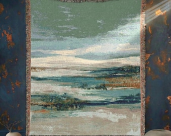 Sage Green Beige Minimalist Beach 100% Cotton Woven Throw, Wabi Sabi Blanket,  Neutral Coastal Gift, Nautical Tapestry, Beach House Decor